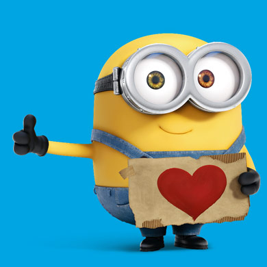 Ein Minion mit einem Stück Papier in der Hand auf dem ein Herz abgebildet ist.